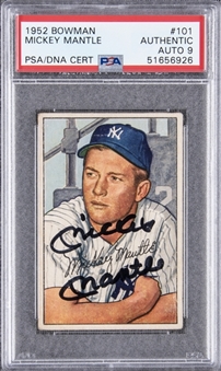 1952 Bowman #101 Mickey Mantle Signed Card – PSA Authentic, PSA/DNA 9
